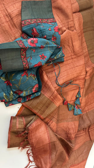 Rust  tussar silk with kalamkari silk blouses