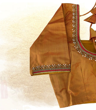 Gold orange  pure silk Hand embroidered silk blouse readymade usa online