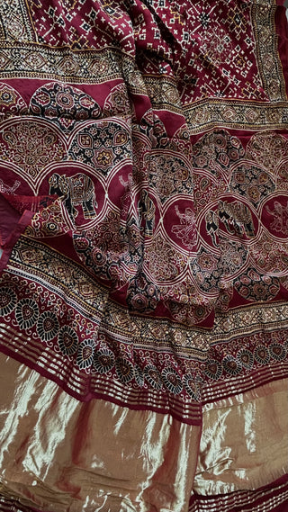 Maroon Pure Gajji silk saree ajarakh prints bandini Gajji silk with blouse with Jewel Borders