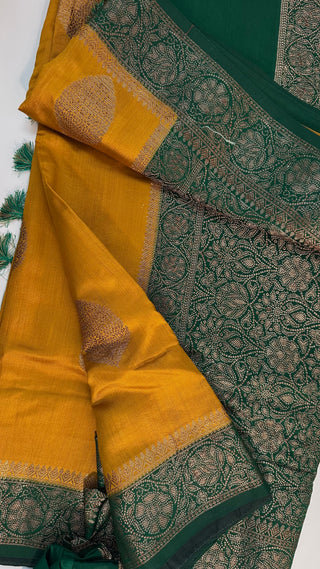 Pure Yellow Green Chinya  silk sarees with stitched blouse Partywear silk saree with zari borders