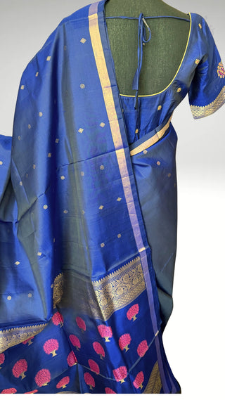 Pure Handloom Soft Silk Saree dark blue silk saree with embroidered  Stitched Blouse Indian handloom wedding pattu Saree Online USA Ready to Ship Saree Online USA Easy Drape