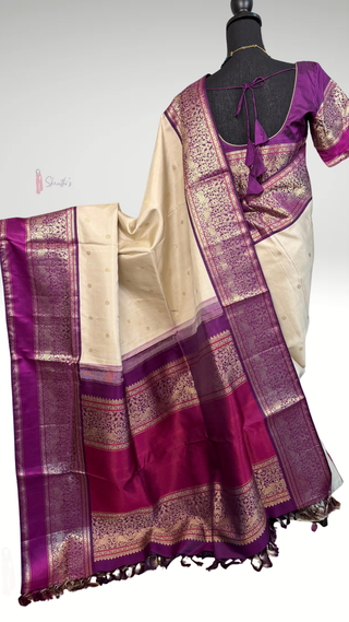 Bridal cream pattu saree ven pattu  White Cream and purple pure zari kanjivaram silk saree with prestitched blouse embroidered blouse