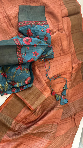 Rust  tussar silk with kalamkari silk blouses