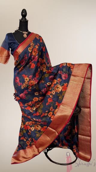 Printed  floral chinya blue  silk sarees with stitched blouse