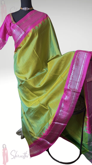 Pure Handloom silk Green to pink  butta Gadwal silk saree with stitched blouse embroidered blouse