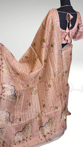 Mauve pichwai embroidered borders organza pure silk printed blouse easy drape online shopping usa
