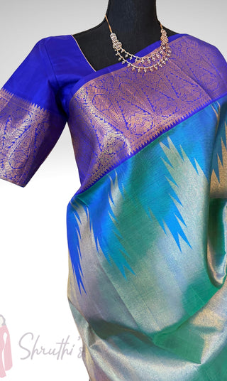 Green bright tissue Kalyanam Indian wedding saree Gold tissue kanjivaram silk saree stitched blouse online shopping usa