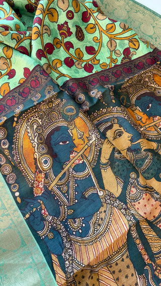 Handwoven pen kalamkari printed of kind silk saree  online and prestitched blouse