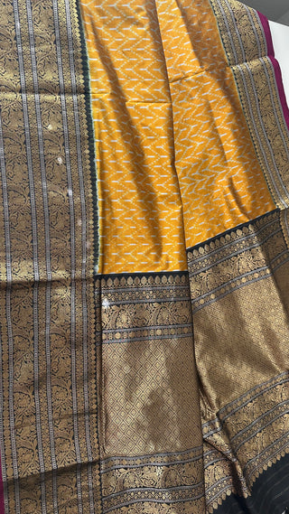 Mustard Black Pure Ikat Silk Saree Pure Silver Zari  HandloomWeave with Zari Border Ready to Wear Stitched blouses available Online USA Partywear