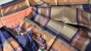 Vintage revival Traditional checks gopuram design temple old world vintage kanchi pattu saree Orange handwoven Kai korvai stitched blouses
