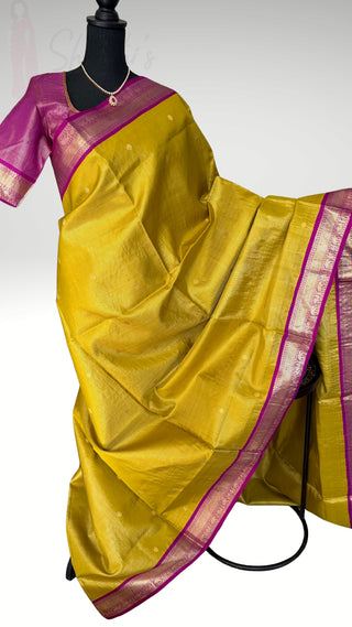 Bridal Vairaoosi Tissue Gold Tissue Cardamom Green to Majenta Kanjivaram silk saree with stitched Indian wedding muhurtam silk bridal blouse online shopping usa Diwali