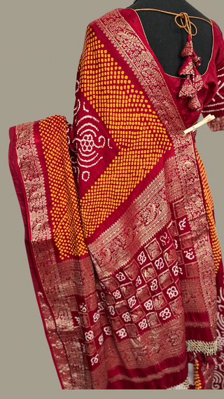 Pure silk RED handone bandhani saree online shopping with blouse and pallu