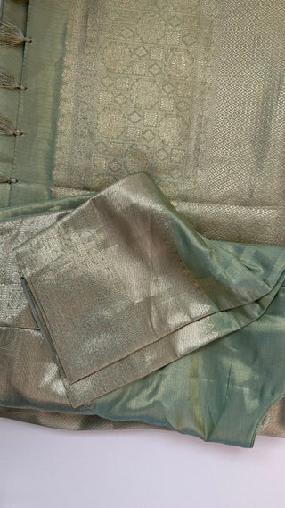 Pure silk pastel green tissue kanjivaram silk saree with stitched Indian wedding muhurtam silk bridal blouse online shopping usa