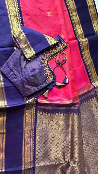 Bright Pink double color  vaira oosi kanchi pattu saree fine weave kanchi pattu bridal