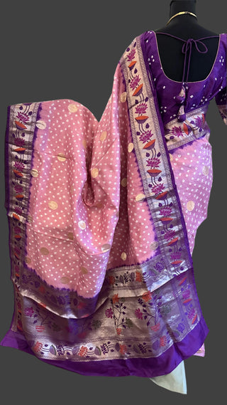 Bandhani silk saree with zari borders mauve pink saree usa