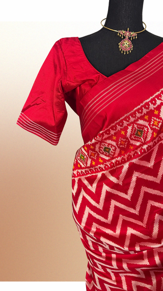 Red ikat Silk Saree pure silk saree silk finish with stitched blouse Partywear pooja wear ready to ship Saree USA