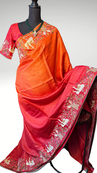 Handwoven Tussar Embroidery borders and pallu Partywear elegant beauty  one of kind print tussar silk saree  online and prestitched blouse