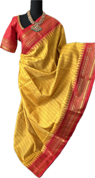 Yellow checks Gadwal handwoven silk saree with stitched blouse