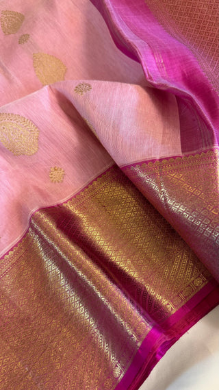 Bridal Gold Handloom Kora silk Pastel Pink pure kanjivaram silk saree stitched embroidered blouse online shopping usa  handloom silk saree