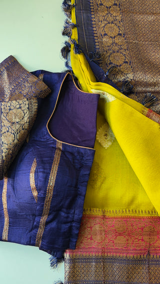 Pure Handloomlight olive green beneras organza saree stitched blouse saree online