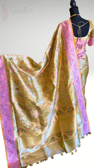 Pure Jamdhani gold tissue silk  Handloom silk saree silk saree bandhej pallu Partywear Diwali online shopping with prestitched blouse