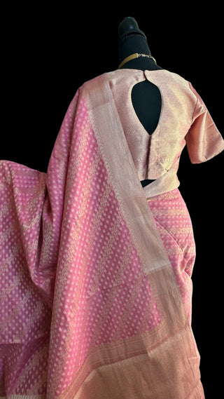Pink Pure silk cotton beneras silk pastel saree with prestitched blouse