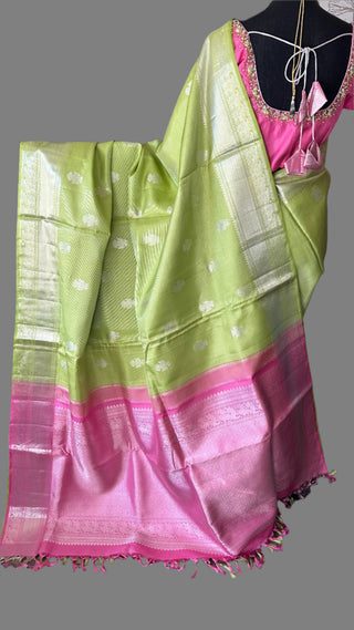 Pastel Lime green vaira oosi silver zari KANJIVARAM SAREE with Hand embroidered blouse Traditional Indian wedding