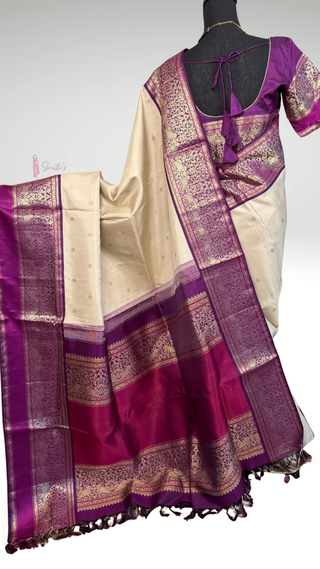 Bridal cream pattu saree ven pattu  White Cream and purple pure zari kanjivaram silk saree with prestitched blouse embroidered blouse