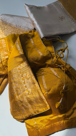 Beige Gold Benerasi Handloom silk saree Katan silk saree  pallu Partywear Diwali online shopping with stitched blouse