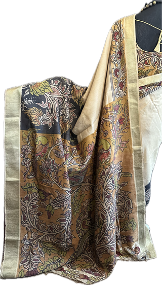 Pen Kalamkari hand painted embroidered  tussar saree online usa with stitched blouse