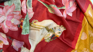 Handwoven Tussar painted pichwai one of kind print tussar silk saree  online and prestitched blouse