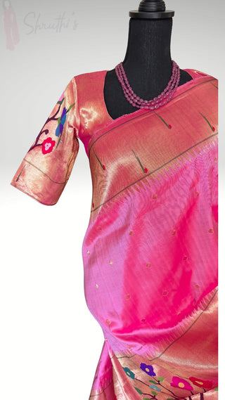 Handloom Pure Lotus  Paithani silk saree online half over design usa paithani sarees usa comes with stitched pure paithani handloom blouse