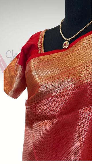 Pure Kanjivaram Red bridal Handloom pure silk silver zari embroidered blouse  Handloom silk saree pure zari  Muhurtam Wedding Saree with ready to wear ship Blouse Online USA