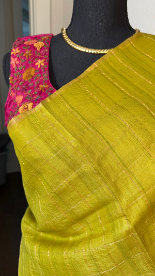 Mehandi Green saree Handloom silk Tussar with embroidery sleeveless silk blouses zari borders and fine checks Partywear bridesmaids
