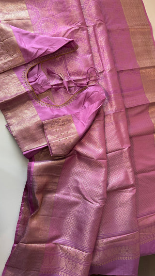 Brocade kanjivaram pastel lavender gold zari with stitched blouse traditional kanchi pattusaree saree Indian wedding