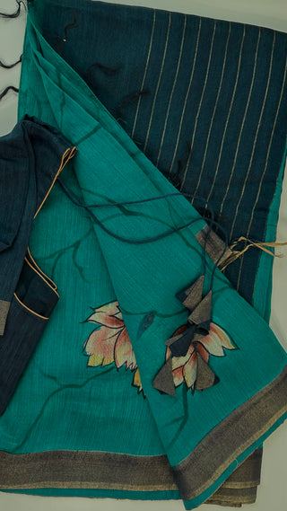Peacock blue green saree tussar Partywear hand painted  silk saree online gold zari borders with blouse
