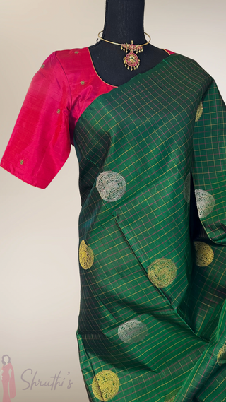 Bottle green kanjivaram silk saree with stitched blouse online ready to ship USA 