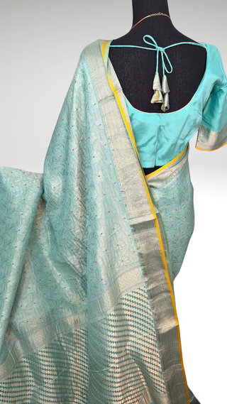 Handloom Pastel’s Georgette Brocade Beneras silk saree with stitched blouse  online shopping Partywear