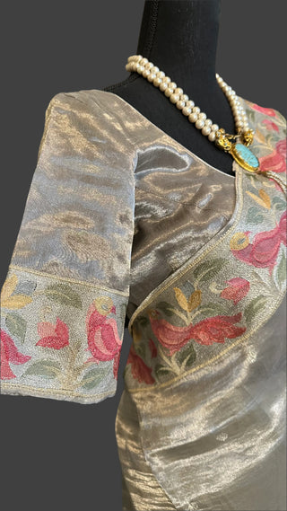 Grey silver tissue Organza soft weave paithani silver borders with stitched blouse