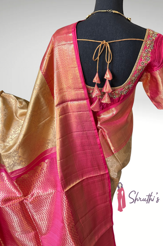 Beige Gold Pink Brocade Pure silk pattumuhurtam saree pure zari Kanjivaram silk saree with prestitched blouse embroidered blouse