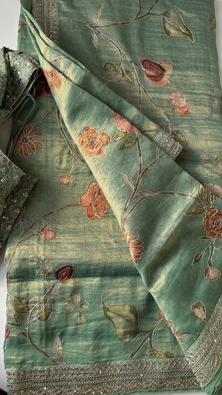 Tissue Green Organza soft weave printed embroidered silk embroidered with stitched blouse