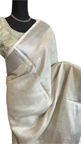 White Linen saree silver zari  with stitched  blouse online usa sale latest linen lightweight partywear zari borders