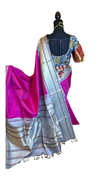 One saree two look’s Handloom Pink kanjivaram silk saree with kalamkari blouse two  stitched blouse  Indian wedding muhurtam silk bridal blouse online shopping usa Diwali