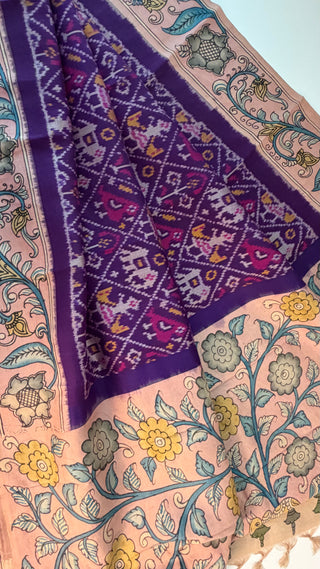 Pure pen purple kalamkari pure Handloom ikat silk pattu saree pen kalamkari saree with blouse online usa Hand painted