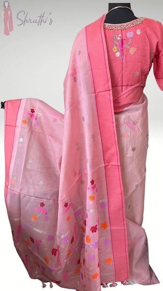Handloom Pure zari Kota saree Pastel Pink silver zari with embroidered stitched blouse