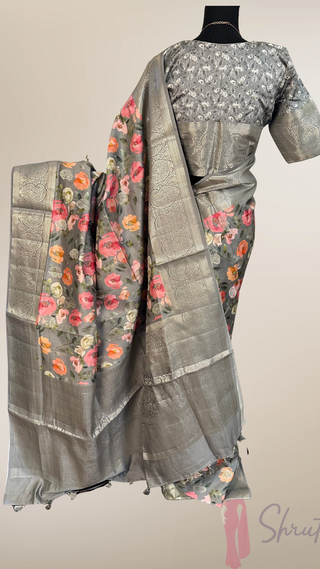 Printed Grey floral chinya  silk sarees with stitched blouse