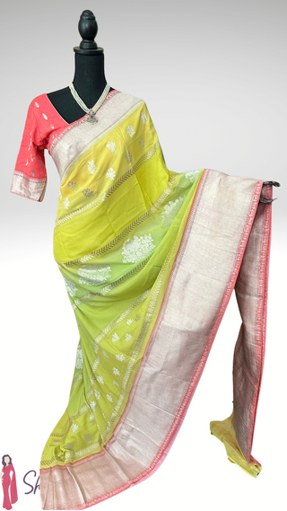 Benerasi Georgette silver zari saree unique handwoven lightweight pure silk saree with stitched blouse ready to ship USA online partywear unique