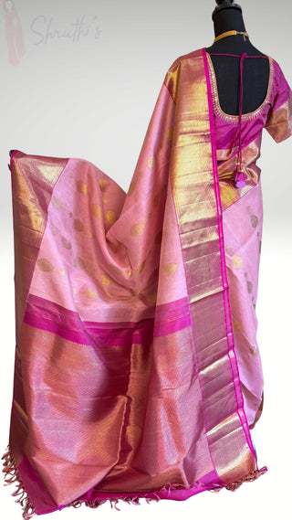Bridal Gold Handloom Kora silk Pastel Pink pure kanjivaram silk saree stitched embroidered blouse online shopping usa  handloom silk saree