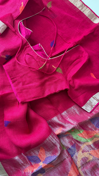 Handloom pure linen saree with Jamdhani  blouse pallu ready to wear blouse ships from Dallas partywear easy drape summer weaves