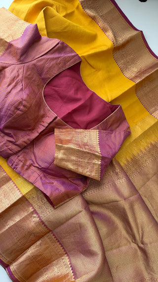 ) Handloom Pure kanchi Yellow fine checks vairaoosi pure zari kanjivaram silk saree blouse and pallu indian wedding silk saree online usa